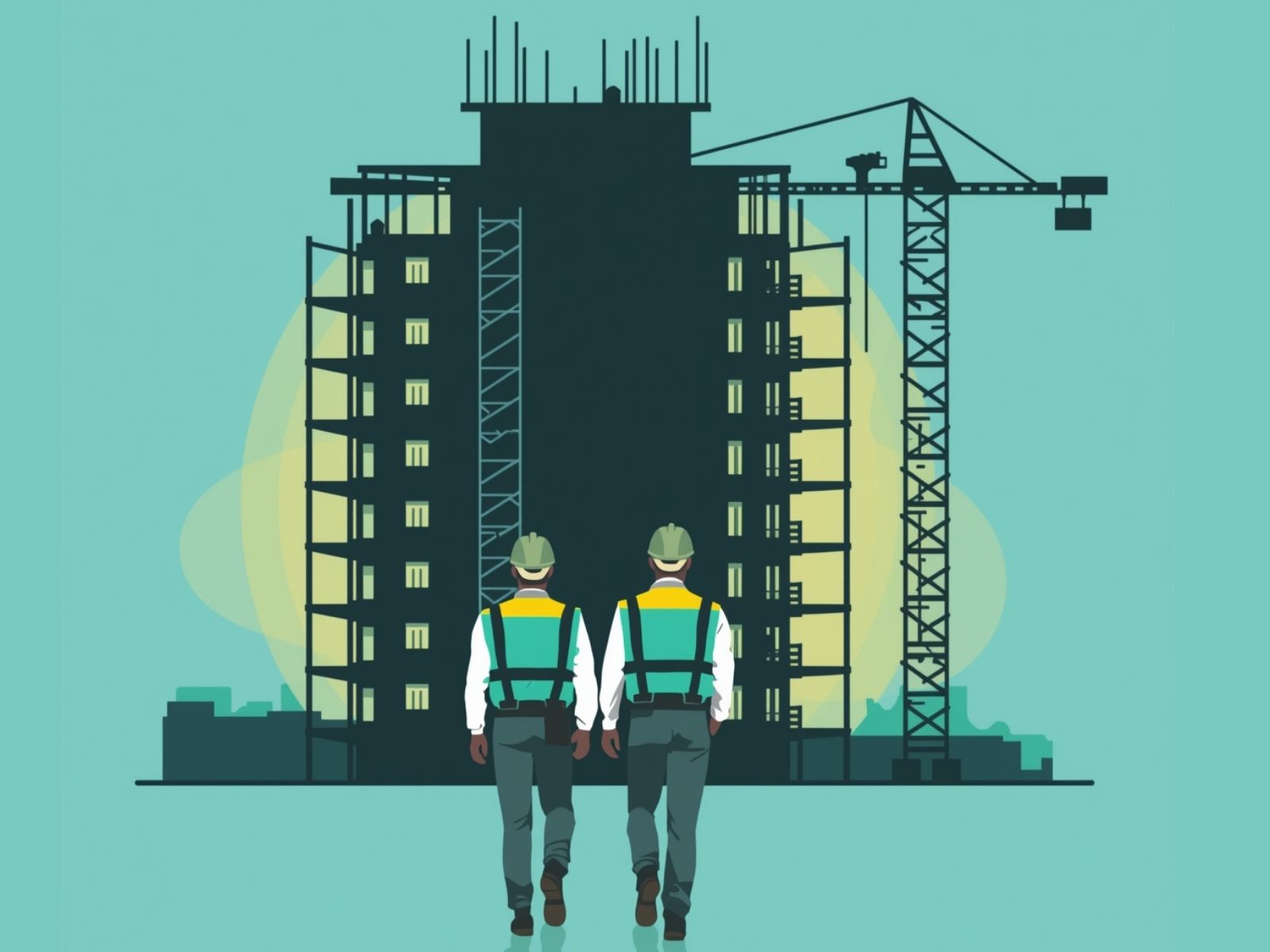 Cuadrilla de trabajadores en faena de construcción al cierre de una etapa de obra