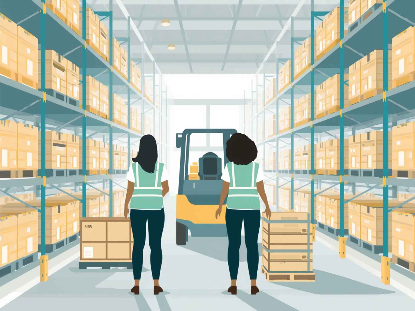 Trabajadores en centro de distribución con operaciones de logística y back-office